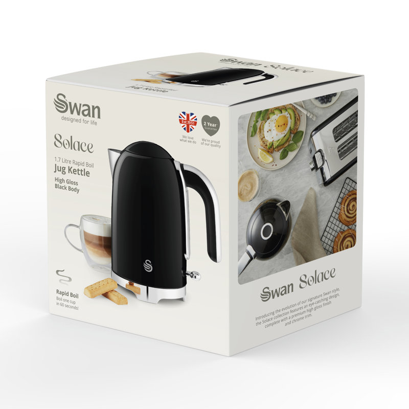 Swan Solace Cordless Kettle, Premium with a High Gloss Finish, Fast Boil, 360-Degree Base, Removable Limescale Filter, 1.7 Litres, 3000W