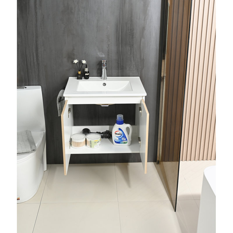 Compartiment de rangement flottant pour meuble-lavabo mural avec porte-serviettes, idéal pour organiser les articles de salle de bain essentiels et améliorer l'utilisation de l'espace