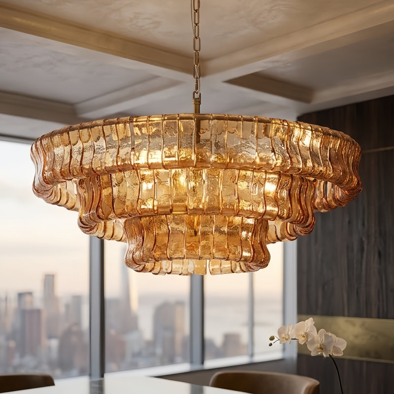 9-Light 32"W Polished Brass Modern Tired Chandelier with Hand-Blown Amber Glass for Dining Room or Living Room, Amber