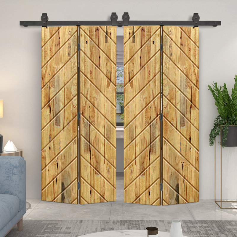 Stained Pine Wood Bi-Fold Double Barn Door with Sliding Hardware Kit, 60" x 80", Weather Oak