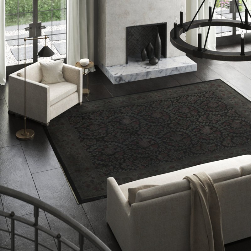 Wool Oriental Area Rug in Black/Green/Rust
