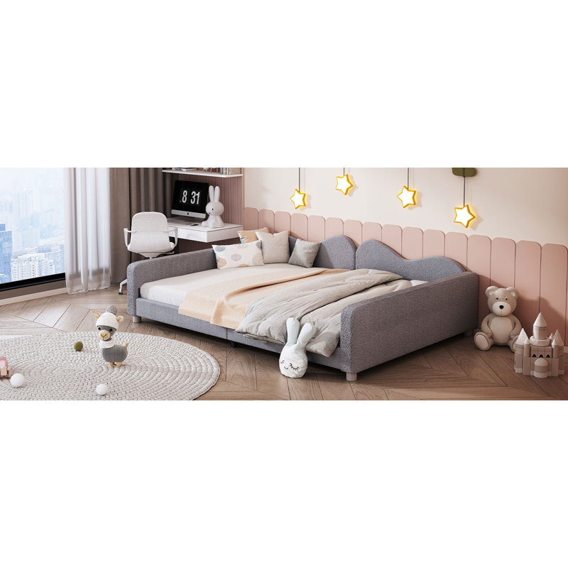 Upholstered Daybed, Sherpa Fabric Sofabed With Cloud-Shaped Backrest, No Box-Spring Needed, Gray
