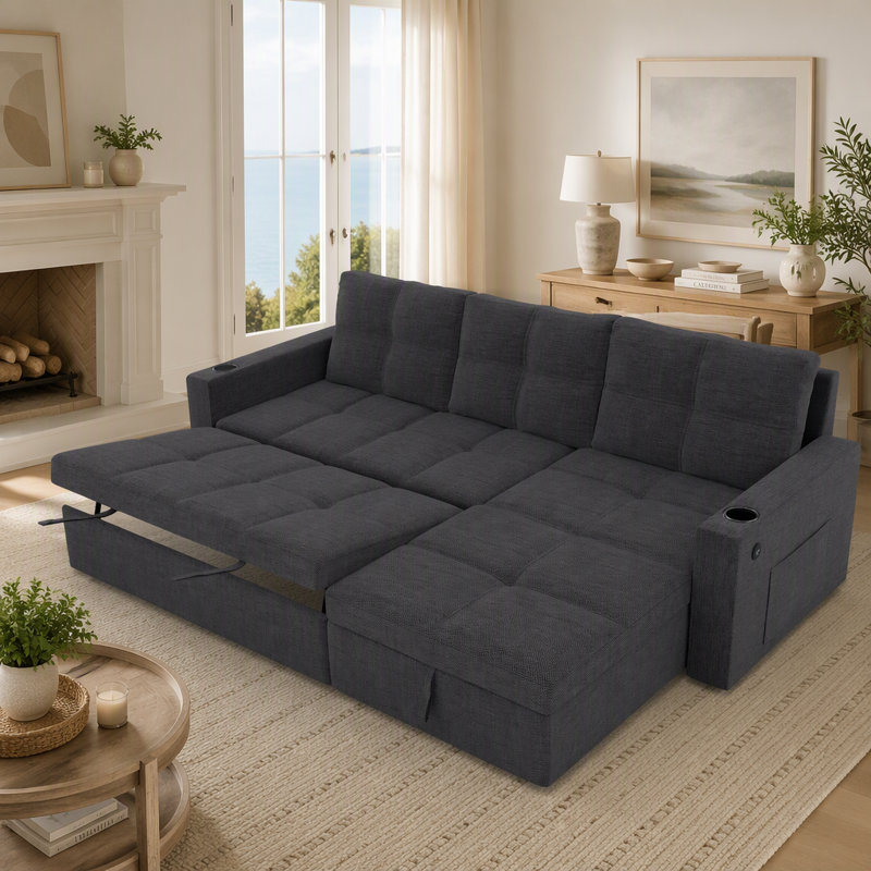 Canapé-lit convertible en tissu, canapé d'angle convertible avec chargement USB et porte-gobelets, canapé-lit en forme de L avec rangement pour salon (gris foncé)