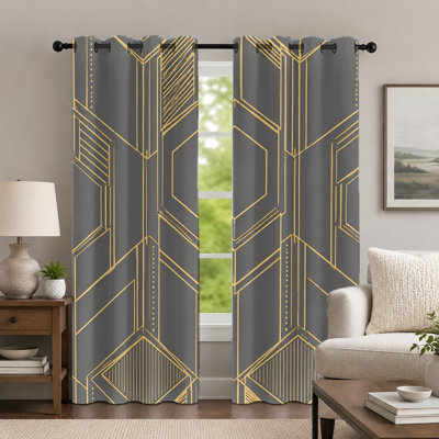 2Pcs Grey and Gold Geometric Pattern Curtains, Art Deco Style Curtain, Modern Minimalist Metallic Line Printed Grommet Drapes, Window Treatment for Bedroom Living Room Home Decor