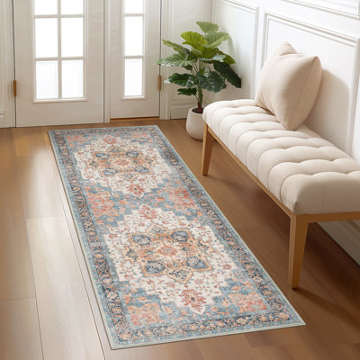 Roehit Oriental Machine Washable Oriental Blue / Red Area Rug