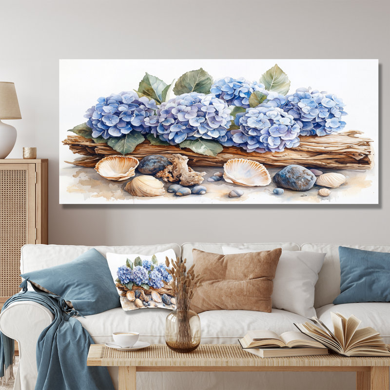Hortensias et bois flottant - hydrangées, impression sur métal, H 28 po x l 60 po