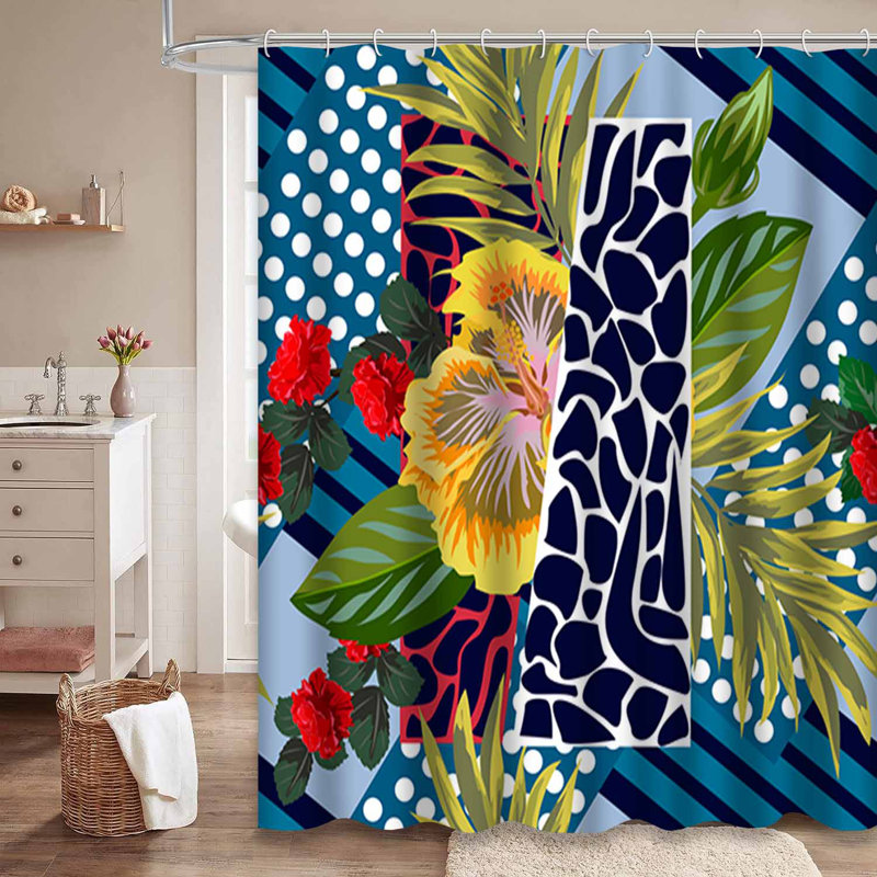 Floral Patchwork Flowers Teal Shower Curtain with 12 Hooks, 72" L x 72" W