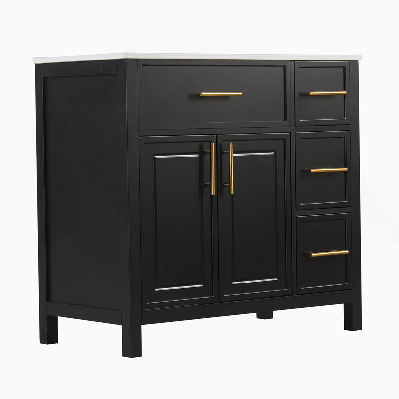 Meuble-lavabo avec comptoir d'évier, armoire de salle de bain avec deux portes et trois tiroirs, Noir