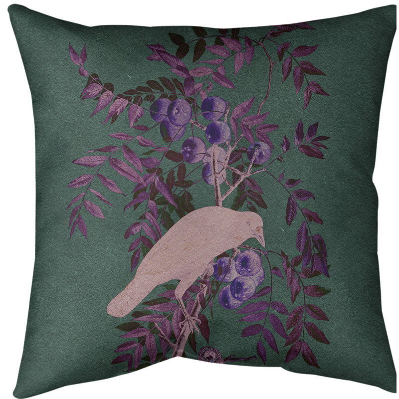 Coussin en oiseau américain american, 18 po x 18 po, Vert foncé / mauve, Faux lin