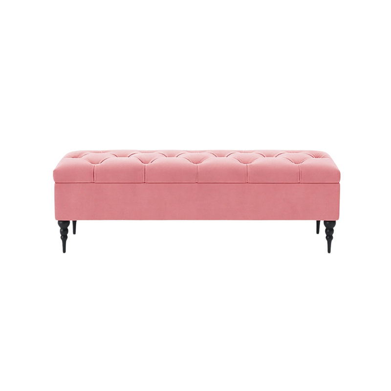 Safar Wide Tufted Rectangle Ottoman Storage Bench – Upholstery Plush Velvet Shoe Bench with Black Turned Wooden Legs, Pink