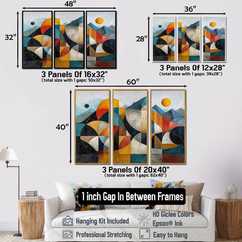 «Geometric Mountain Retro Colors», ensemble d'art mural paysage abstrait, Cadre flottant doré, H 32 po x l 48 po x P 1 po