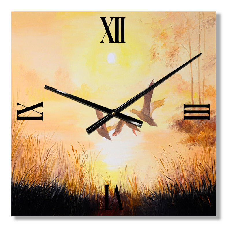 Trois grues volant au coucher du soleil - Horloge murale traditionnelle, Très grand