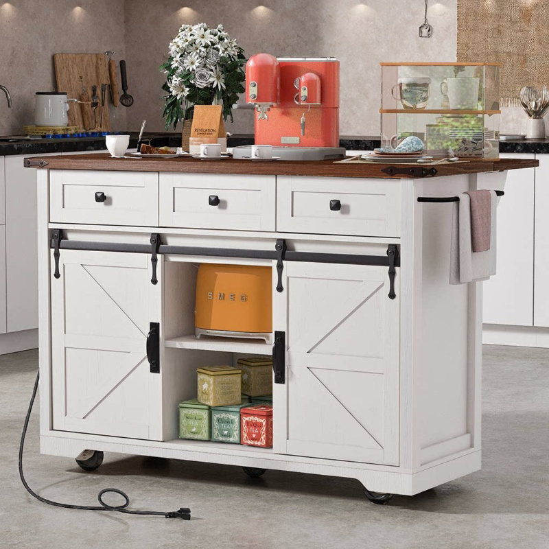Latitude Run® 53.7" Farmhouse Kitchen Island with Drop Leaf, Power ...