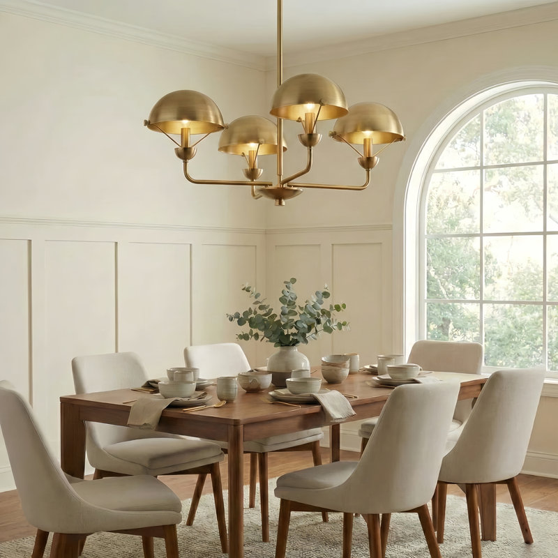Iron 4-Light Chandelier, Antique Brass Finish/Antique Brass Metal Shade