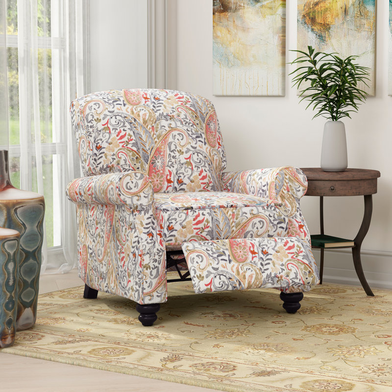 Gwin Manual Standard Push Back Recliner, Coral Red Multi Paisley Polyester