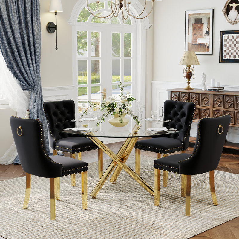 Ensemble de salle à manger à piédestal rond 5 pièces avec chaise capitonnée en velours pour salle à manger et salon, Noir