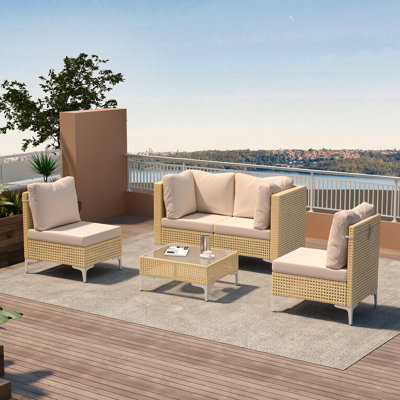 5 Piece Outdoor Patio Furniture Set,Wicker Sectional Sofa Set with Thick Cushions and Glass Table For Backyard & Garden