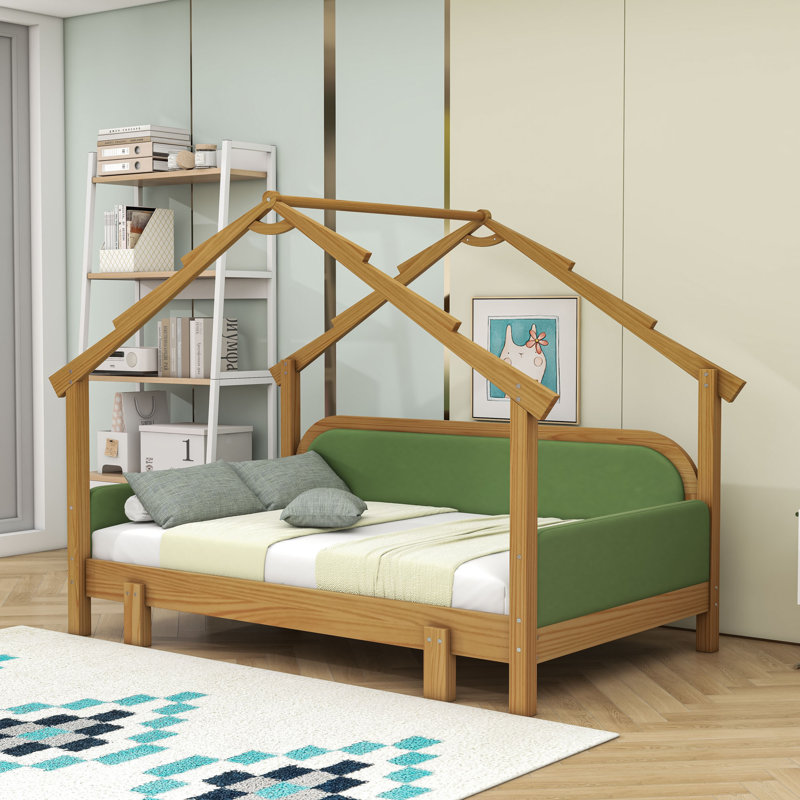Lit simple en bois avec rails rembourrés, Vert