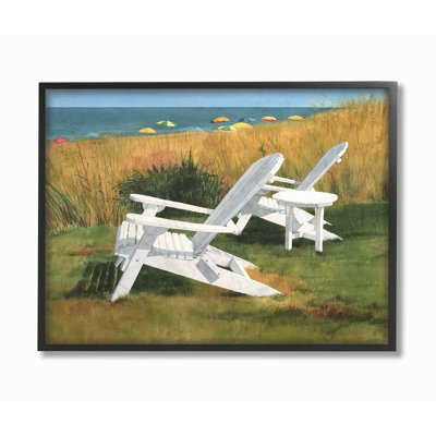" Two White Adirondack Chairs By Umbrella Beach " by Linda Roberts