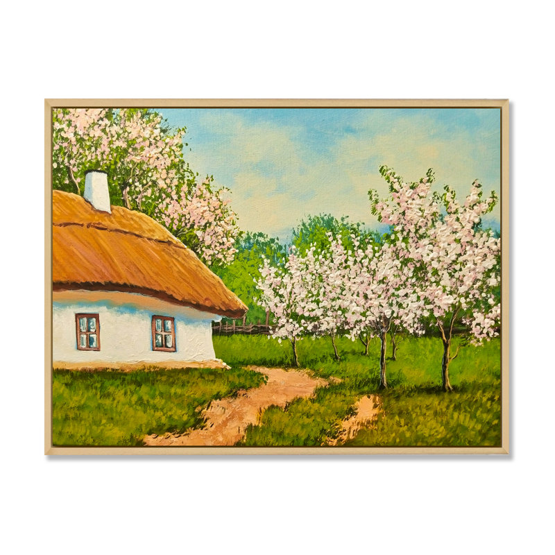 Printemps, paysage, maison, reproduction d'art sur toile, H 24 po x l 36 po x P 1 po, Cadre flottant brun