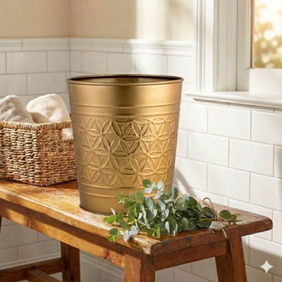 Autumn Alley Antique Gold Bathroom Trash Can in Metal - Handcrafted, Round Open Top 