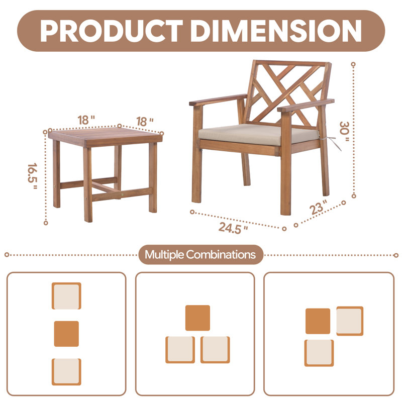 Ensemble de conversation 3 pièces en bois d'acacia avec coussins et table d'appoint werph, ensemble de mobilier d'extérieur pour balcon, cour, bord de piscine