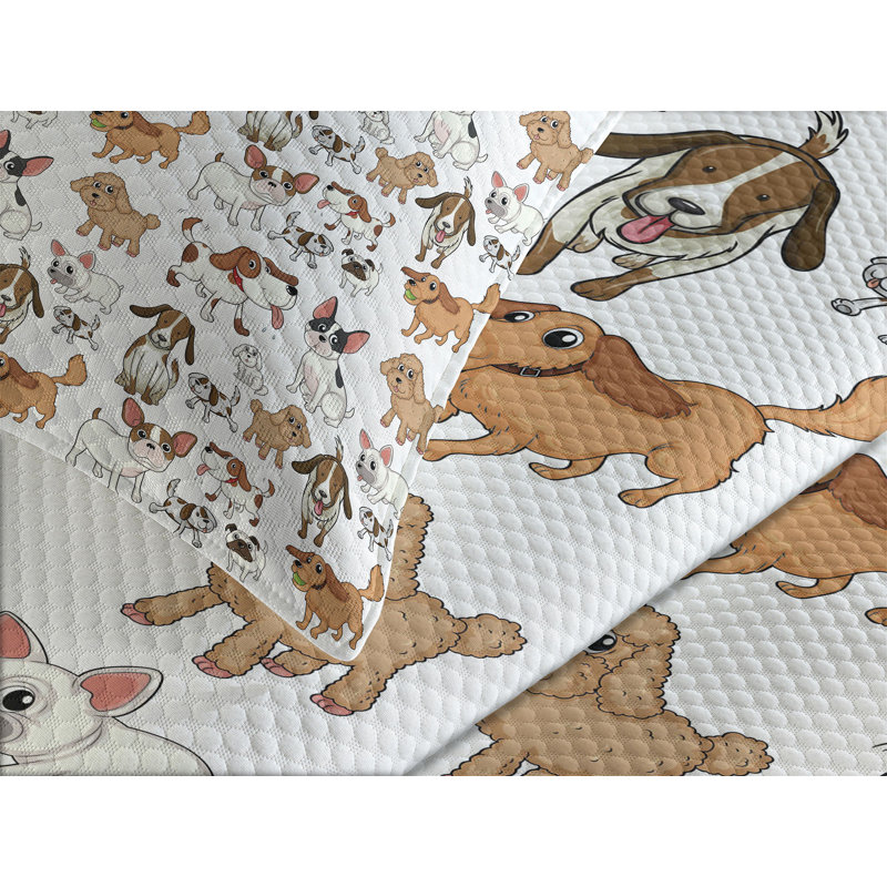 White Quilted Queen Bedspread Set with Dog Print