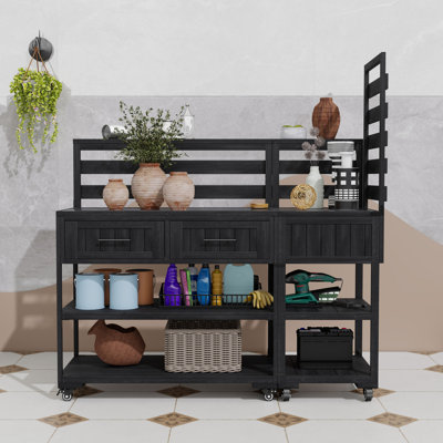 Îlot de cuisine pour patio avec plateau, tiroirs et tablettes