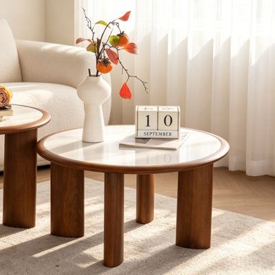 Table basse ronde en pierre frittée pour appartement, table basse minimaliste moderne avec pieds cylindriques, blanc et noyer