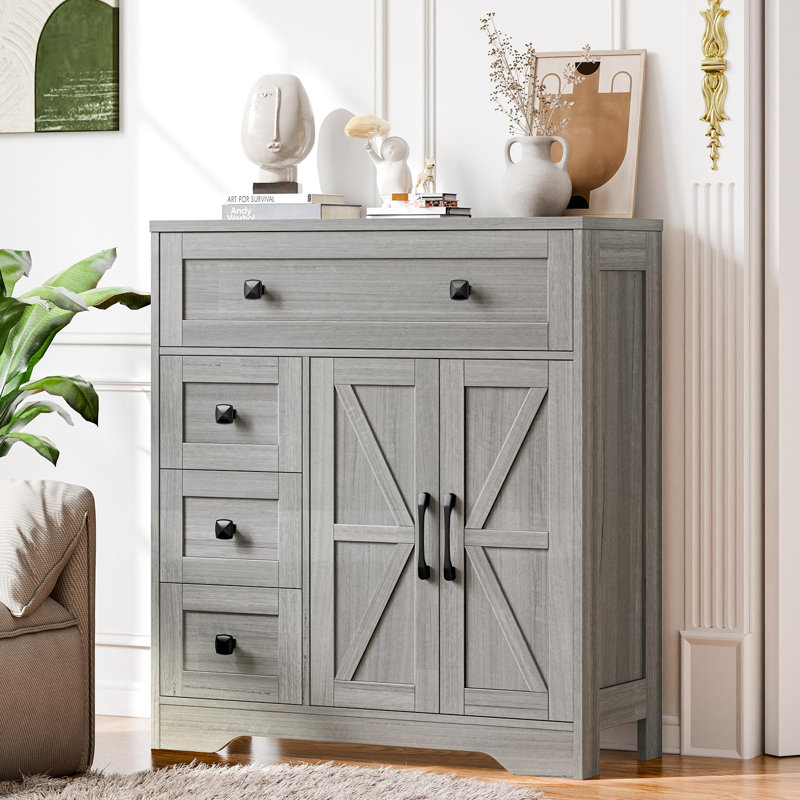 Armoire de rangement Farmhouse avec 2 portes et 4 tiroirs, Gris délavé