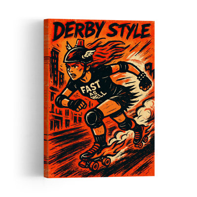 Flaming Roller Derby Energetic Retro Abstract City Landscape Wall Art Print 1 Piece Wrapped Canvas Wall Art