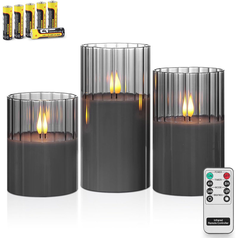 3-pack Smoked Glass Led Candles With Remote & Timer Grey