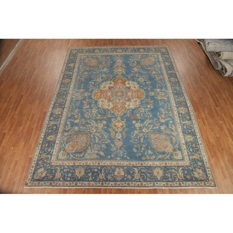 Tapis traditionnel rétro floral bleu 10 x 13