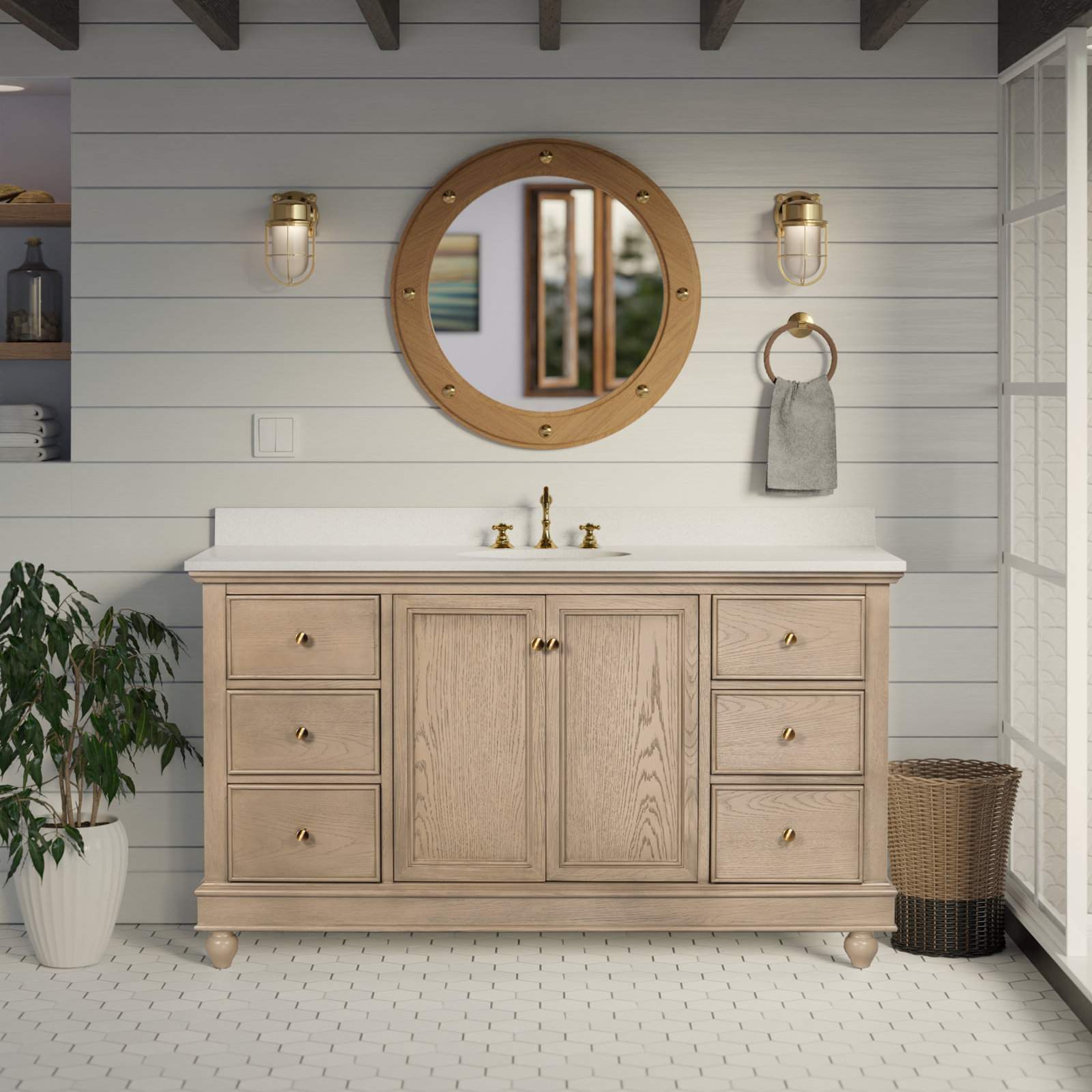 Ferdinand 60'' Single Bathroom Vanity, Greige Oak, Engineered White