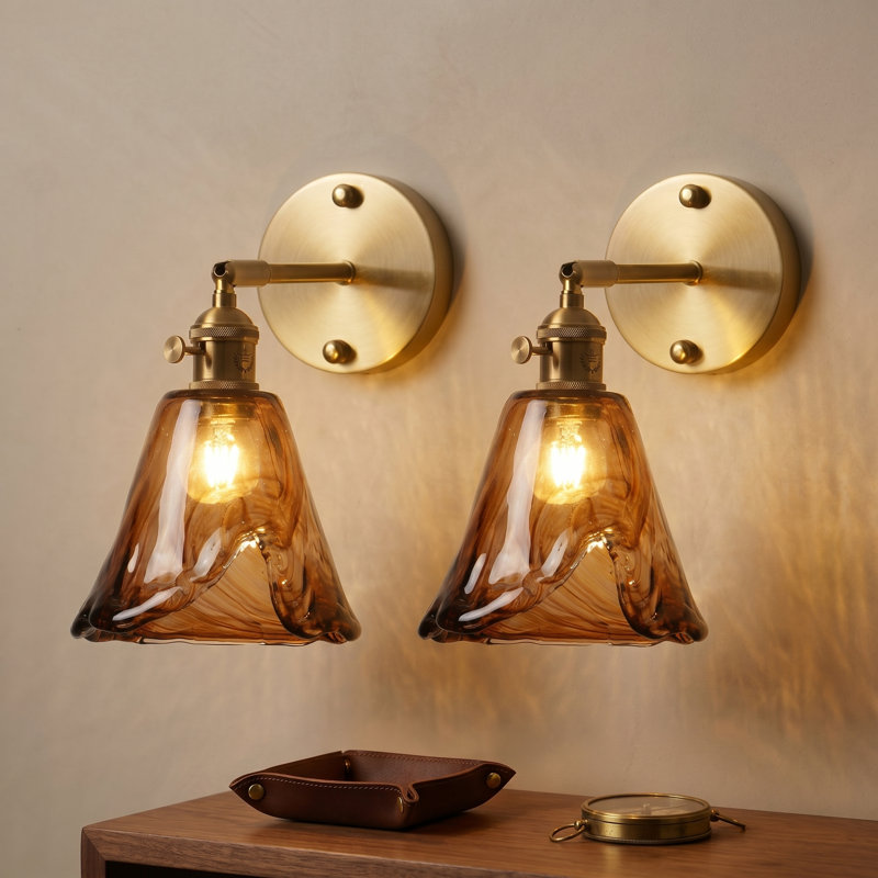 Belmont 2 lights  Adjustable Metal Armed Wall Sconce with Amber Glass Lampeshade （set of 2), 2