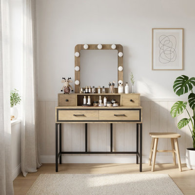 39.37" Brown Vanity Desk with 3-Color Lighted Mirror - Makeup Table with 4 Drawers