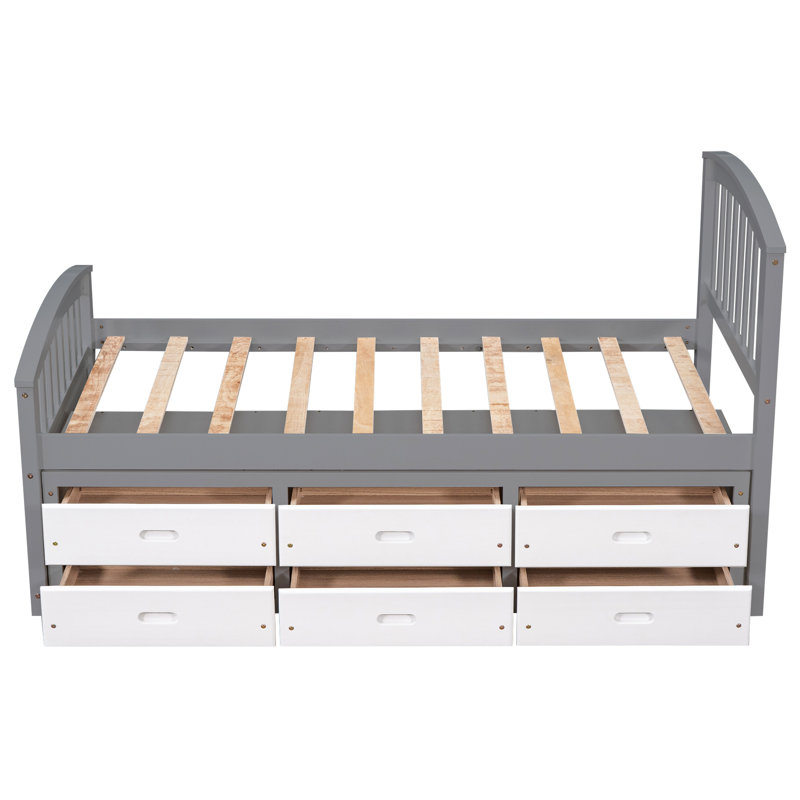 Lit simple, lit plateforme en bois de pin massif avec 6 tiroirs, gris et blanc, parfait pour les maisons de style rétro moderne, taille standard, 10 lattes, matelas de maintien
