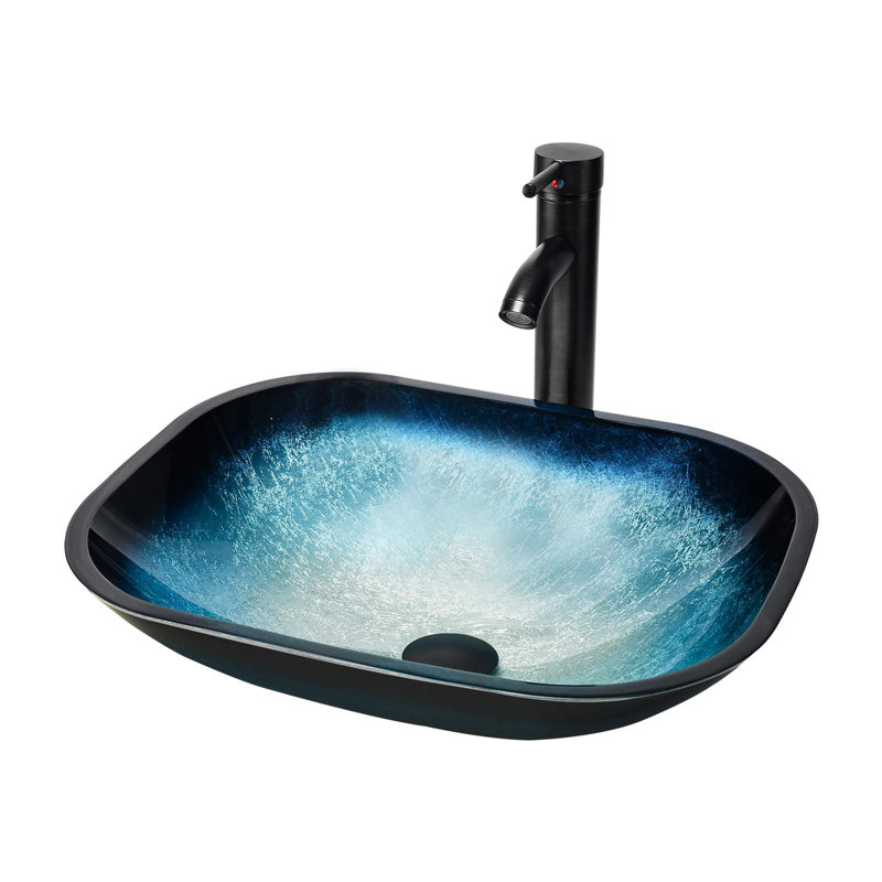 RAYS 14.8'' Ocean Blue Glass Rectangular Bathroom Sink with Faucet