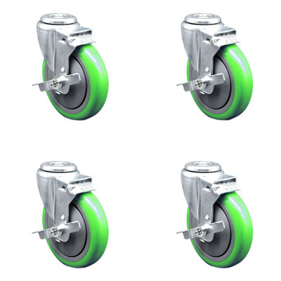5 Inch Green Polyurethane Wheel Swivel Bolt Hole Caster Set with Brake SCC
