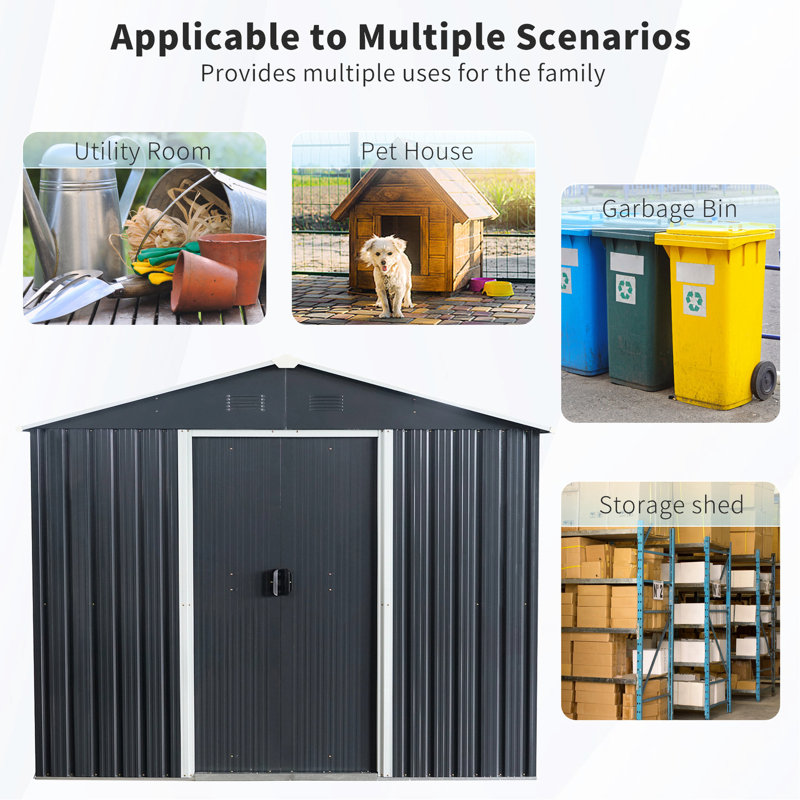Remise de rangement extérieure noire en métal de 8 pi x 6 pi avec base solide, structure en fer galvanisé, évents de ventilation perforés, porte coulissante et serrure, facile à construire en noir, pour plus de solidité, cadenas à air,