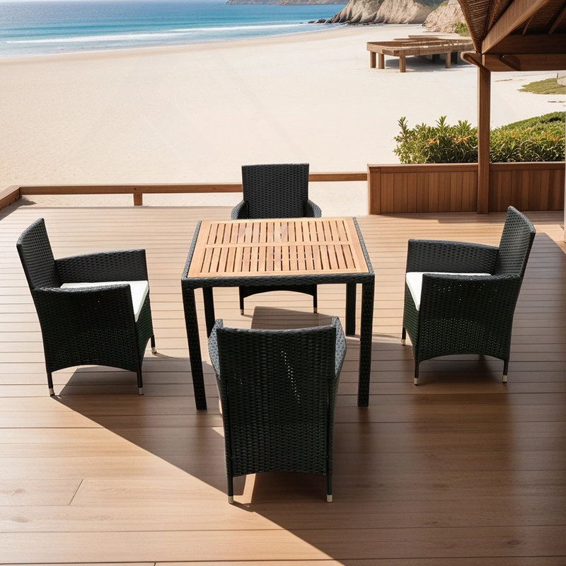 Ensemble de salle à manger d'extérieur 5 pièces en osier avec plateau en bois d'acacia