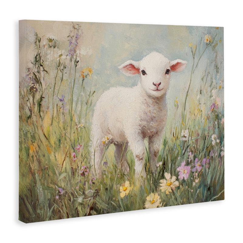 Agneau blanc sur toile de fleurs douces, design par Petal Prints Design, H 16 po x l 20 po