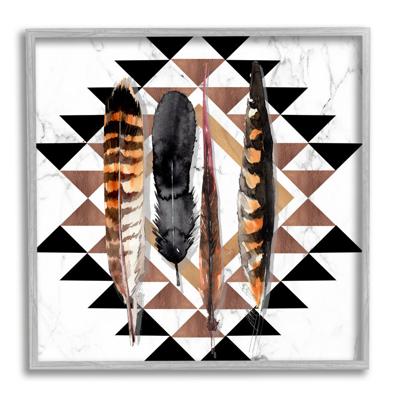 «Boho Feathers On Geometric On Wood» par Jennifer Paxton Parker, impression, Estampe numérique Farmhouse