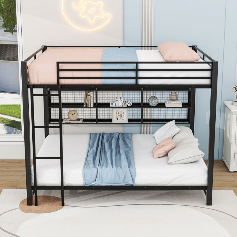 Lit superposé grand sur grand avec tablettes DEL multicolores et tablettes de rangement latérales, échelle