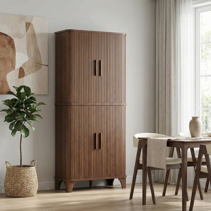 Armoire de cuisine de 69 po de hauteur avec porte coulissante, armoire de rangement moderne avec 5 tablettes réglables, conception à bord courbé pour la salle à manger, la cuisine, le salon, le bureau, finition noyer