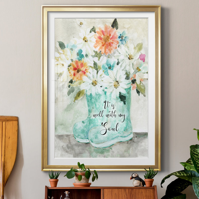 Daisy Wellies Bouquet - Reproduction d'art sur papier encadrée, H 26,5 po x l 36,5 po x P 1,5 po, Papier doré