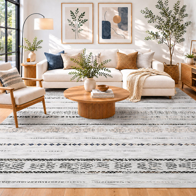 Tapis à rayures Bohemian, Beige / Charcoal, Rectangle 10' x 14'