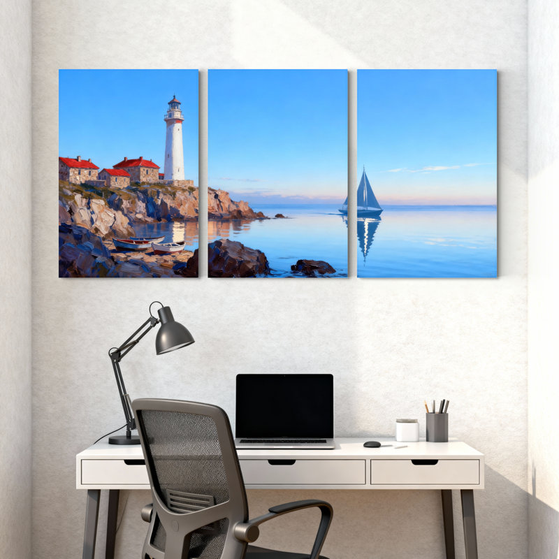Nautique, phare, côte, voilier, reflet, paysage, ensemble de 3 reproductions d'art sur toile, H 24 po x l 48 po