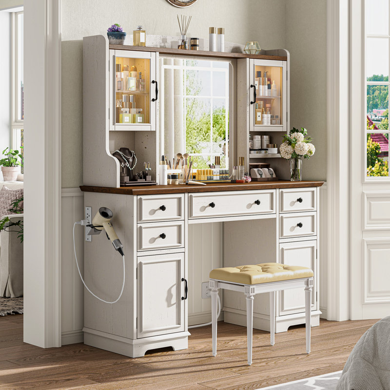 Makeup Vanity Table with Mirror and Lights, White;Brown