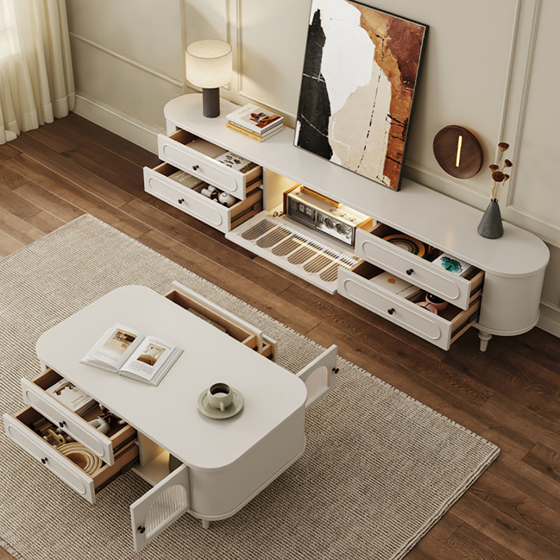 Meuble télé rétro simple et moderne, Crème, H 20,9 po x L 94,5 po x l 15,7 po